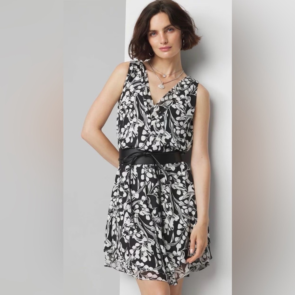 WHBM Black White Floral Ruffle Dress 2 NWT Parisian Chic Cocktail